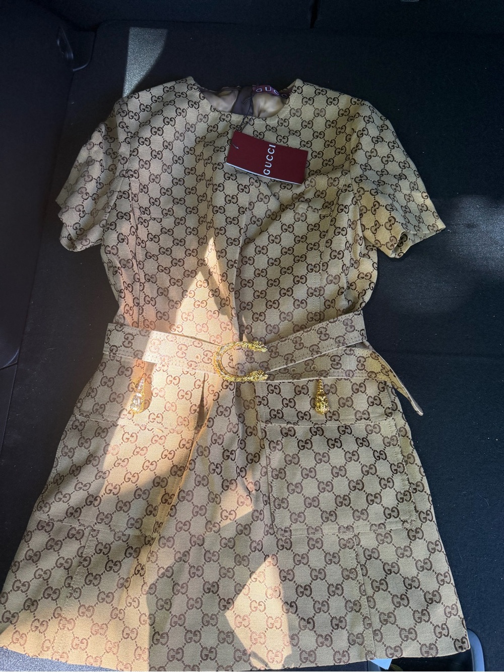 Brown and Beige GG Jacquard Dress with Gold Zipper Pull - Picture 7 of 7